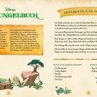 Texte: "Disney Das Dschungelbuch", "Unvergessliche Momente", "Moglis Dschungelfreunde", "Moglis Feinde im Dschungel". Links Text über Dschungel, rechts Zusammenfassung vom Dschungelbuch. Unten Pflanzenillustrationen.