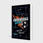 „Martin Klein: UNDERDOGS United. EIN TEAM FÜR ALLE“. Fußball-Illustration mit Flammen auf einem dunklen Hintergrund.