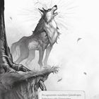 "Arcanis Lupus" ist der Titel. Graues Kunstwerk zeigt einen heulenden Wolf auf einem Felsen, umgeben von fallenden Blättern.