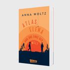 "Anna Woltz. Atlas, Elena und das Ende der Welt." Ein Buchcover in Orange mit Silhouetten und Bäumen.