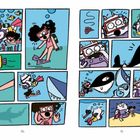 Seite 40-41. Comic: Zwei Figuren tauchen unter Wasser, treffen auf Fische, Haie, einen Orca und genießen das Abenteuer.