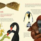 Es enthält Texte über Liebe und Bindung bei Tieren. Illustrationen von Tieren wie Pinguinen, Orang-Utans und Schwänen sind dargestellt.
