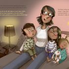 Eine Frau und drei Kinder sitzen auf einem Bett. Ein Nachttisch mit Lampe steht daneben. Es herrscht eine warme Atmosphäre.