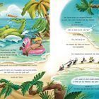 Im Zentrum steht Text über Tiere am Meer: Ein Tukan beobachtet Freunde. Links ein Krokodil im Wasser, rechts Ameisen am Ufer.