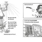 Ein Mann steht auf einem Stuhl und wechselt eine Glühbirne aus. Ein Kind rast mit einem Stuhl. Ein Keil klemmt unter einer Tür.