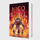 "Nico & Will: Das Gericht der Toten" steht auf einem Buchcover. Ein Minotaurus hält Ketten und ist von Flammen umgeben.