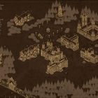 Liste mit Gebäuden, nummeriert von 1 bis 12, inklusive Unterrichtsgebäude, Türme, Festplatz. Illustration einer Burganlage.