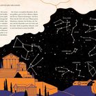 Text oben: "DIE GÖTTER UND IHRE KINDER". Sternbilder und griechische Tempel auf schwarzem Himmel; Bauer mit Schaf.