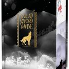 Text: "BALLAD OF SWORD AND WINE", "vorläufiges Cover". Goldener Wolf, nächtliche Landschaft, Bäume, Sterne.