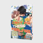 „CAN'T FIX THESE FEELINGS 2“, HOU HIROKAWA. Zwei stilisierte Figuren in Umarmung, bunte Grafiken und Symbole.