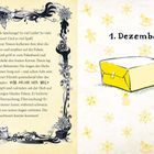 1. Dezember. Ein gelbes Paket mit weihnachtlichen Motiven im Hintergrund. Text über Spielzeuge und Abenteuer.