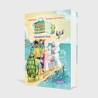 Buchtitel: "INSEL DER TIER-ABENTEUER". Zwei Kinder mit einer riesigen Schildkröte und einem Hund auf einem Brett im Meer.