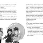 Zwei Jungen stehen erschrocken vor einem blonden Mann. Eine riesige, blaue Kaugummiblase umgibt die Jungs.