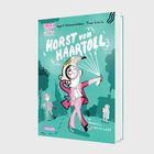 "Büchercover, 'Horst von Haartoll: Eine Detektivgeschichte'. Cartoonfigur in pinkem Anzug, sprüht Haarspray."