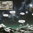 Comic mit Weltraum, Planeten, einem Schiff und Wellen. Menschen erheben die Faust, Texte über Raumflotte und Kommunikation.