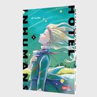 „HOTEL INHUMANS 3, AÔ TAJIMA.“ Illustration: Person mit langem Haar, hält eine Pistole. Hintergrund: Nachthimmel, Blumen.