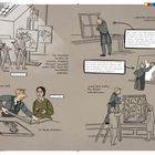 „Die Künstler durften in kleinen Räumen, 'Ateliers' genannt, unter dem Dach der Kunsthalle arbeiten.”  
Illustration zeigt Künstler und Helfer bei der Arbeit.