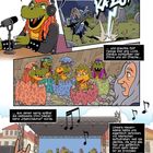 Eine Comicszene mit Dinosauriern, die Metal spielen. Texte erzählen von einer Hexe, Blitz und Dinos, die eine Metal-Band werden.