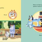 Links: "Onkel Stripe kauft Eis für Muffin. Oh ja! ICH HABE EIN EIS!" Rechts: "Wenn wir Dad um ein Eis bitten, spielt er fauler Sack. Das ist sehr ungezogen." Comic-Szenen mit animierten Hunden.