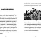 „DIE SACHE MIT GUDRUN“ steht oben links. Rechts eine Illustration mit der Schrift "GUDRUUN!" über einem Cartoon-Gesicht.