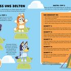 "Bastelanleitung für eine Bluey-Camping-Szene mit Schritt-für-Schritt-Anweisungen. Drei ausgeschnittene Figuren und ein Zelt."