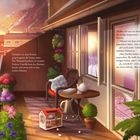 Texte beschreiben den Sonnenuntergang und ein Gespräch über Schlafen. Balkon mit Pflanzen, Tisch, Stuhl, Spielzeughaus.