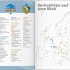 "Die Kurztrips auf einen Blick." Europakarte mit nummerierten Zielen und Liste, farblich nach Regionen gegliedert.