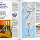 Reiserouten Kyūshū & Yakushima, Dauer: 10 Tage, Strecke: 700 km. Details zu Fukuoka, Nagasaki, Kurokawa-Onsen, Kumamoto, Kagoshima, Yakushima. Eine Karte zeigt die Route. Links ein Foto von Kurokawa-Onsen.