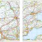 Karte mit Städten Perth, Dundee und Edinburgh, Straßen rot markiert, umgeben von blauen Gewässern.