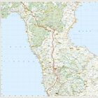 "Calabria Kalabrien Calabre" steht groß in einem roten Feld. Karte von Kalabrien, Italien. Straßen, Städte und Highlights sichtbar.