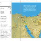 "Vierzig Jahre in der Wüste". Tabelle mit Ereignissen und Karte mit Wanderroute. Israel bis Sinai. Orte und Wege markiert.