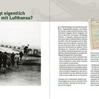 Wer fliegt eigentlich im Krieg mit Lufthansa? 

Links ein historisches Flugzeug am Boden, Menschen steigen ein. Rechts Text über Flüge in Kriegszeiten, mit Dokumenten.