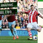 "MARKO ARNAUTOVIĆ & SAMUEL ETO’O" steht groß auf grünem Hintergrund. Links Fußballspieler in roten und blauen Trikots. Rechts, ein Textabschnitt.