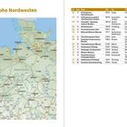 Links: "Der hohe Nordwesten", Karte von Niedersachsen. Rechts: Tabelle mit Museen, Adressen und PLZs in Norddeutschland.