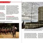 "Geschichte der Schweizer Panzerwaffe" oben. Bild links: Kavallerie in Formation. Rechts: Denkmal auf schneebedecktem Hügel.