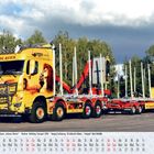 Text: „HAKUNA MATATA“, „Holmberg Transport“, „SUPER TRUCKS APRIL“. Gelber Truck mit „Der König der Löwen“-Motiv vor Wald. Kalender unten.