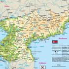 Landkarte mit Nordkorea im Zentrum, umgeben von China, Russland und Südkorea.Text zu Bahnen, Strecken und Maßstab.