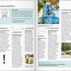 Text: Direkt einfühlen. Fragen? Wünsche? Ideen? Gut angekommen? Stromschnellen voraus!  
Illustration links: Gezeichnetes Porträt von Klaus Simon.  
Foto rechts: Modernes Gebäude mit Blattwerk im Vordergrund.