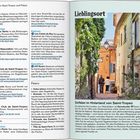 Seite 88-89. Bootsausflüge, Golf, Segeln, Ausgehen. Lieblingsort. Text über Ramatuelle. Foto von schmaler Gasse mit bunten Häusern.