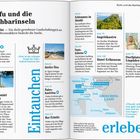 Korfu und die Nachbarinseln: Alles Grün. Seiten zu Afiónas, Atelier Ílios und mehr. Karte zeigt Orte auf Korfu, inklusive Angelókastro.