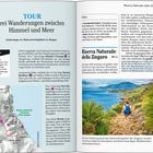 **Texte:**  
"TOUR Drei Wanderungen zwischen Himmel und Meer."  
"Infos: Dauer: je nach Tour ein halber oder ein ganzer Tag."  
"Riserva Naturale dello Zingaro, F 5."  
**Beschreibung:** Eine Buchseite mit Informationen und einem Foto einer Küstenlandschaft.