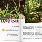 **Libellen am Badesee** in Grillenburg. Abbildung eines hölzernen Stegs durch einen grünen, bewaldeten Bereich.