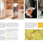 Texte: Yoga macht am schönsten auf der Terrasse. Fazit: Ort für Yoga und Ayurveda, um zur Ruhe zu kommen.

Links: Wald. Mitte: Frau in Holzkabine. Rechts oben: Tee, Frau meditiert am Bach. Unten: Karte mit Wanderroute.