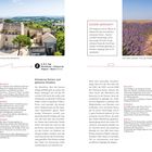 Seite mit Text: "SCHON GEWUSST?" und Reiseinfos, darunter ein Lavendelfeld mit gelbem Bus auf der rechten Seite.