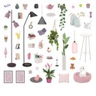 Verschiedene Wohnaccessoires: Pflanzen, Lampen, ein weißes Kätzchen, ein Stofftier, Bücher, ein Kaffeebecher und Deko-Objekte.