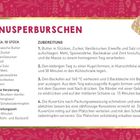 **KNUSPERBURSCHEN**

Rezept für 50 Stück: Butter, Zucker, Vanillezucker, Eiweiß, Salz, Mehl, Speisestärke, Kakao, Zimt. Zubereitung und Backen.