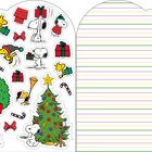 Links sind Illustrationen von Weihnachtsmotiven: Figuren in Feststimmung mit Geschenken, Baum, Kranz, Streifen rechts.