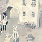 Eine Illustration zeigt Menschen in einer ruhigen Straßenszene. Ein Schild mit einem Brot ist an einem Haus befestigt.