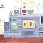 Links: "Ich hab es mit neuester Technik verfasst...". Rechts: "damit die Umarmung perfekt für dich passt." Ein Hund bedient eine Maschine.