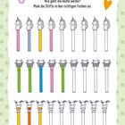 „Auf dem Tisch liegen bunte Stifte...“ Einhorn-, Frosch- und Hasenstifte in Farbenreihen zum Ausmalen auf sternigem Hintergrund.